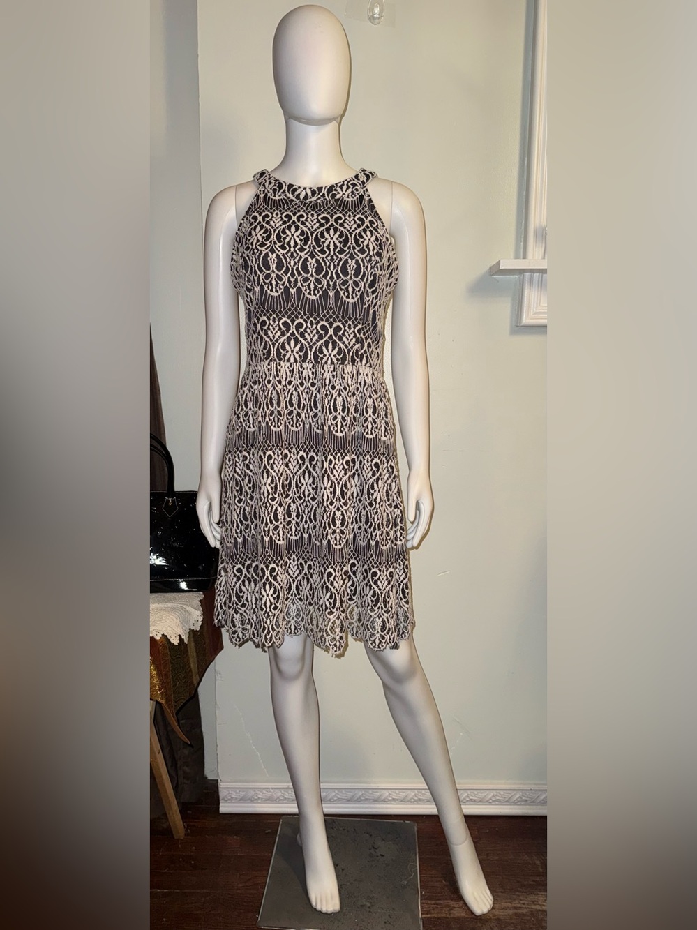 Altar'd State Dark Gray Mini Dress with Cream Lace Overlay